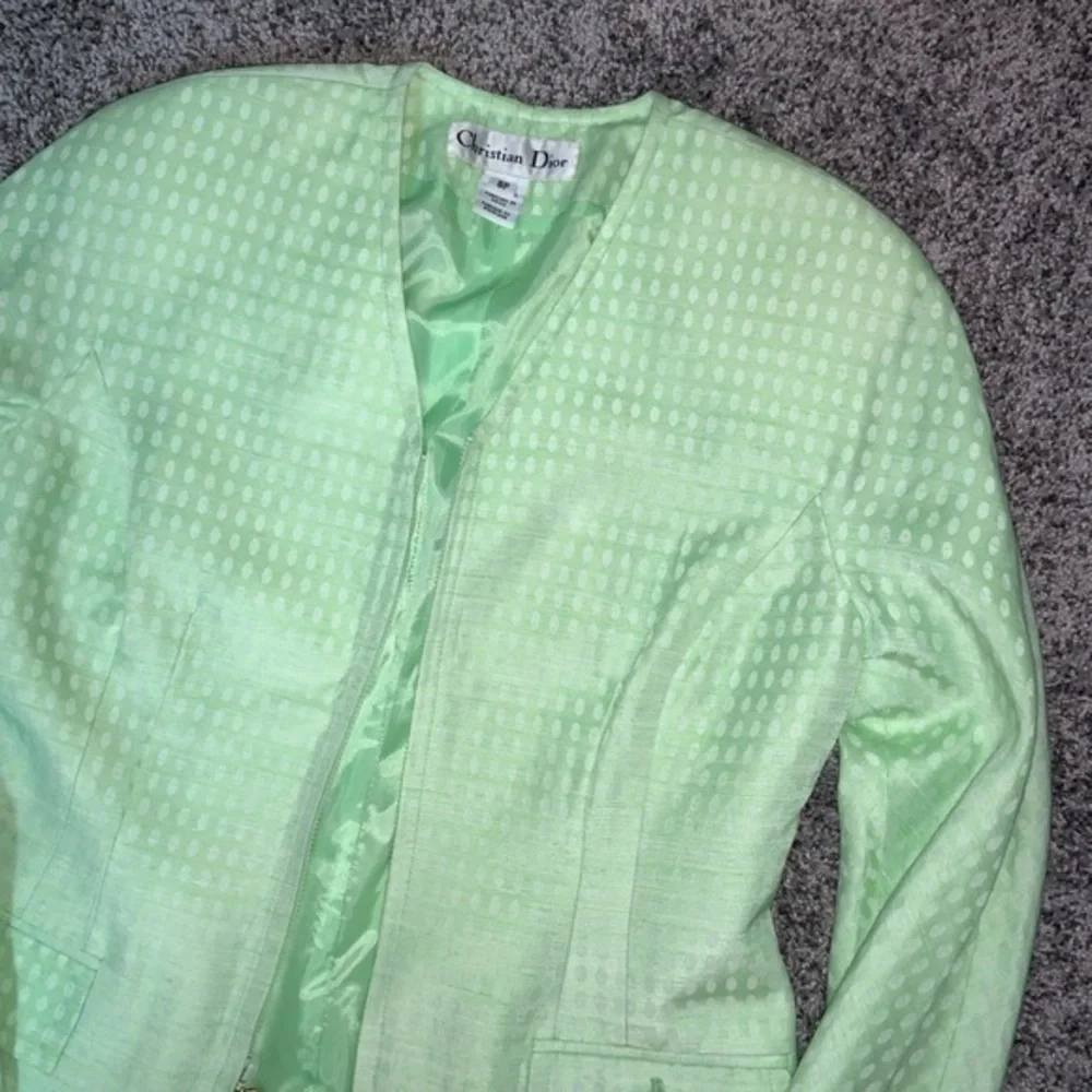 Vintage Christian Dior Zip-Up Long Sleeve Blazer Green and White Sz 8P Designer